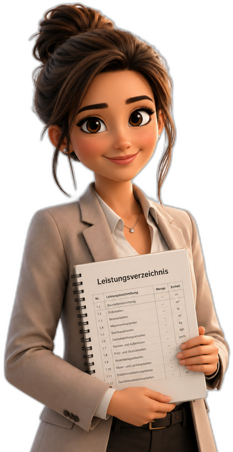 Gaebby, die KI-Assistentin, hält ein Leistungsverzeichnis
